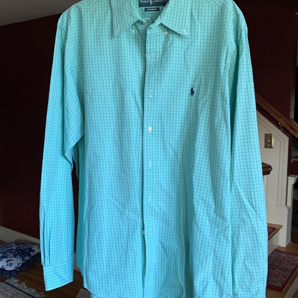 Ralph Lauren Men's Mint Green Blue Small Checks Custom Fit Button Down Oxford LS